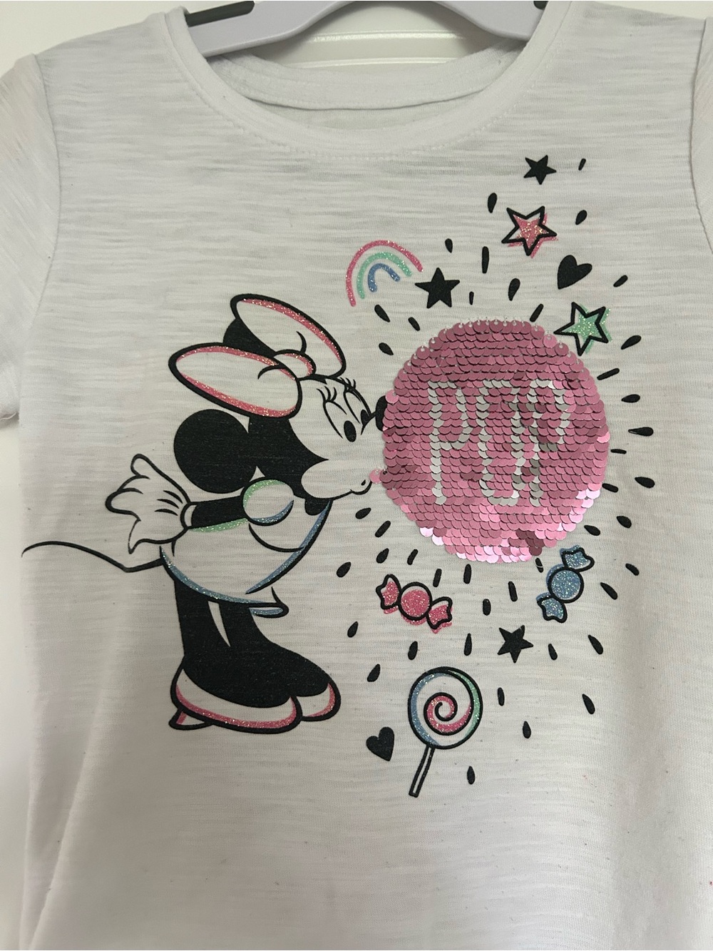Disney Minnie Mouse White Tee with Pink Sequin 'POP' Graphic